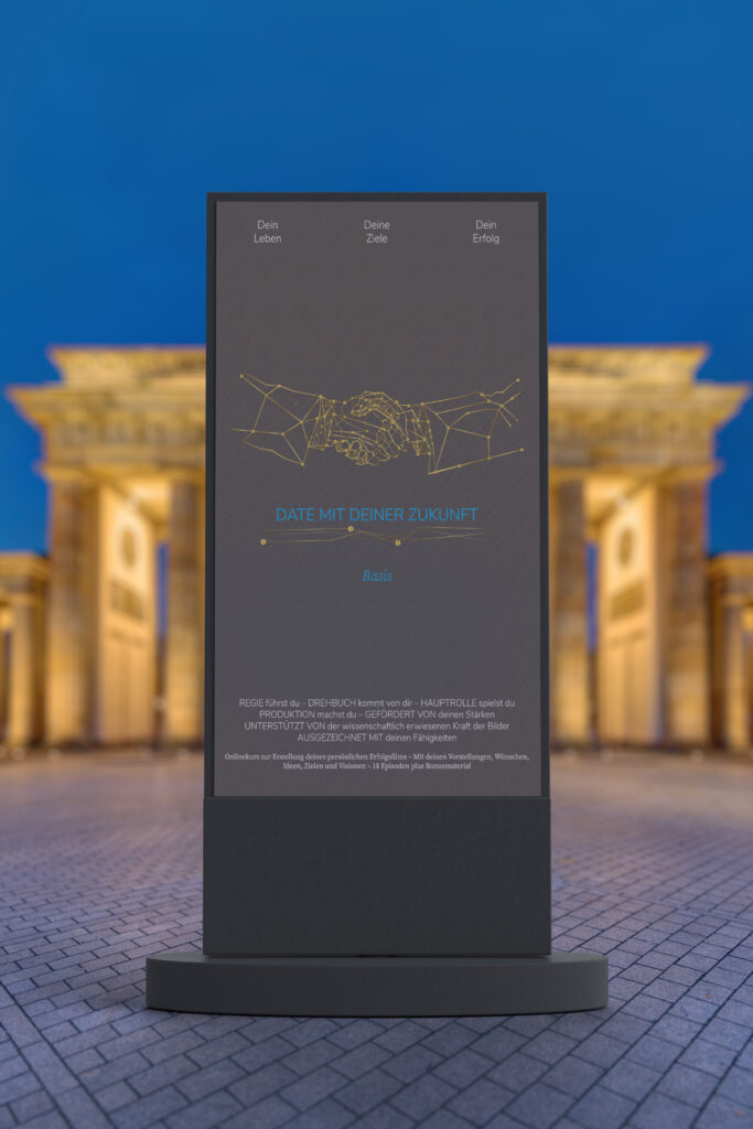 Display mit einem Werbeplakat für die Basis-Variante. Im Hintergrund das Brandenburger Tor.