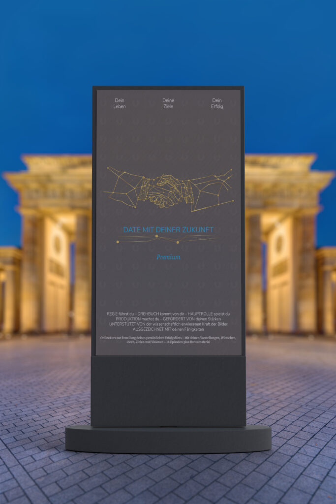 Display mit einem Werbeplakat für das die Premium-Variante. Im Hintergrund das Brandenburger Tor.